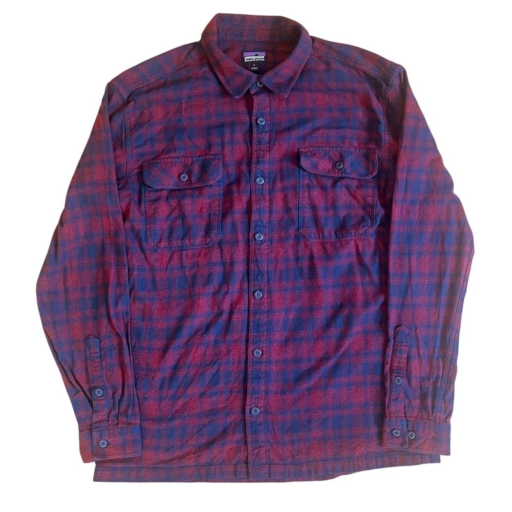 Patagonia Fjord Flannel Shirt Mens L Burgundy Navy Organic Cotton Pockets Rugged